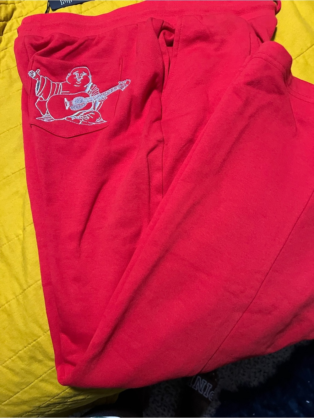 True Religion Red Kids Sweatpants with Guitar Buddha Embroidery